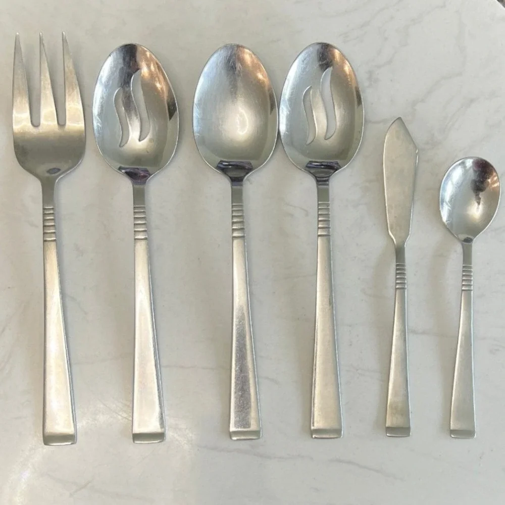 Libbey Flatware Serving Set Stainless Steel Retro Modern Hostess Utensils